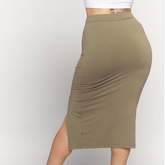 Heart & Hips Olive Fitted Bodycon Knit High Waist Pencil Side Slit Midi Skirt - Picture 3 of 5